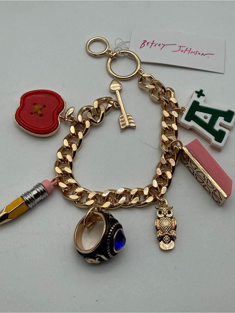 Betsey Johnson Gold Charm Bracelet with Red, Pink, Green & Blue Accents